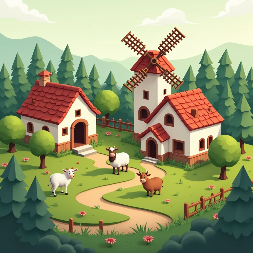 Image of a farm with houses, Its logo is an animal and a windmill