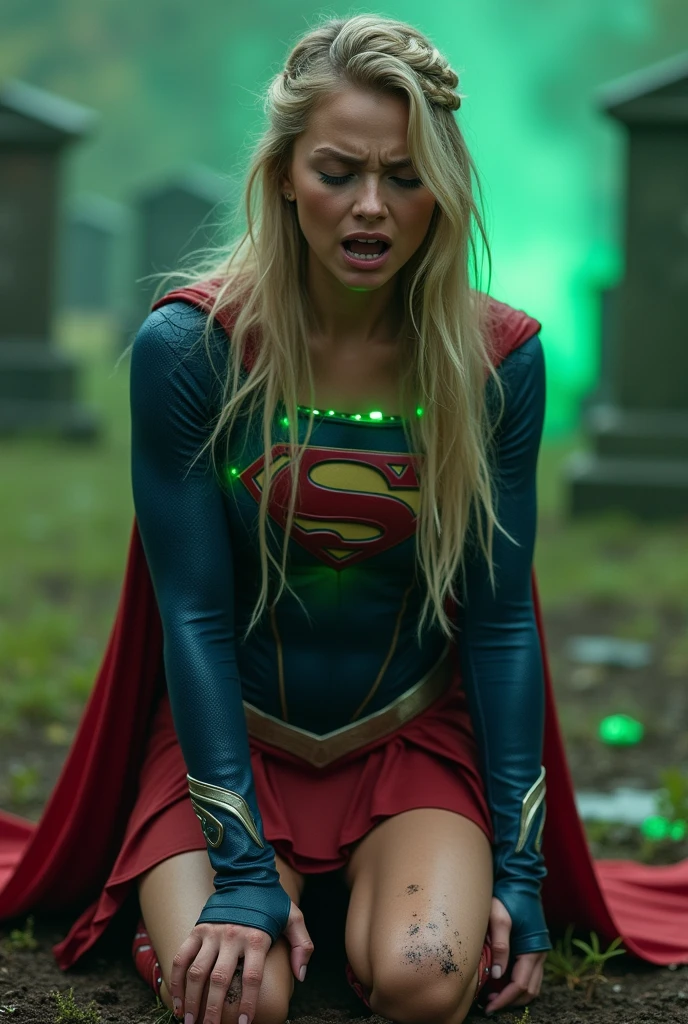 (((De primerísimo primer plano una hermosa mujer de rodillas yelling))),(((Long blonde hair tied up in a braided ponytail))),(((Hair six feet long)))Charlize Theron under the mantle of the Kryptonian Kara zor-El alias Supergirl))),(((On knees gritando de dolor))),(((Blue leather suit with tiny scales on the suit))),(((Red skirt Supergirl emblem on her costume))),(((Silver metal bracelets on their wrists))),(((Long red boots up to her knees))),(((On knees (((yelling))) mortally wounded (((Blood on his chest))),(((Green flourescent kryptonite on the wound))),(((Blood around skulls in cemetery))),(((Green flourescent magic running through all the veins of his body))),(((yelling de dolor))),(((Green flourescent magic around his entire body))),(((hair dragging on the floor))),(((Diaema Superman logo on his forehead)))