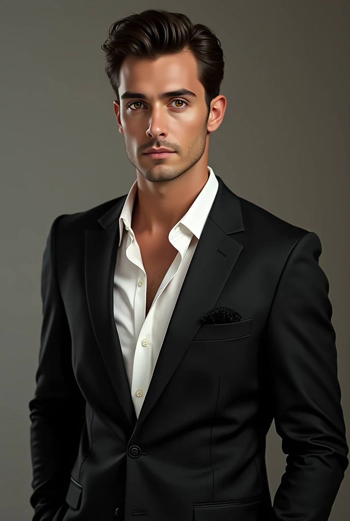 A handsome man 2 witH BEAUTiful brwon eyes ,long fold eyelashes , in a black suit with fair complexion