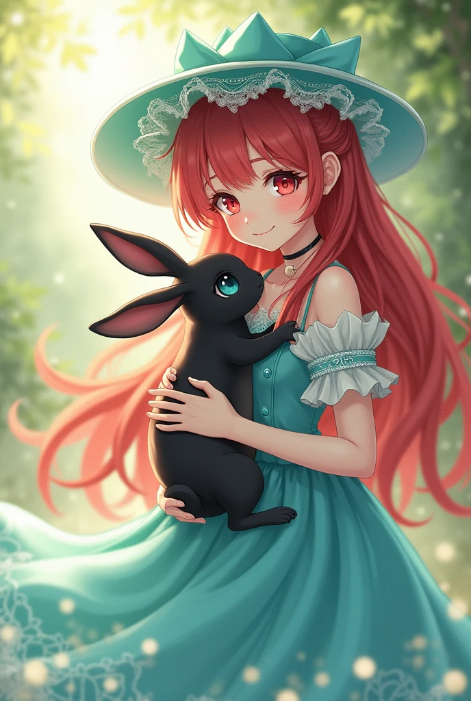 Dibujo aesthetically, 2d, anime young thin, young woman in turquoise princess dress and lace hat in the sun Features Redhead, red pupils, Porcelain skin, Long hair, fine rostrum, delicate body Holds a black bunny in her arms with blue eyes