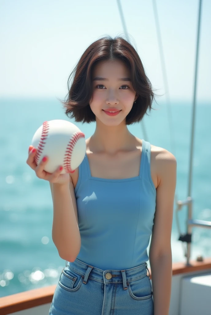 Highly realistic 8k photos, sea background, standing on a boat, Holding a baseball sideways with one hand, Korean woman, Wearing a blue sleeveless top and jeans, standing face to face, Looking at the camera, short hair, A little smile,