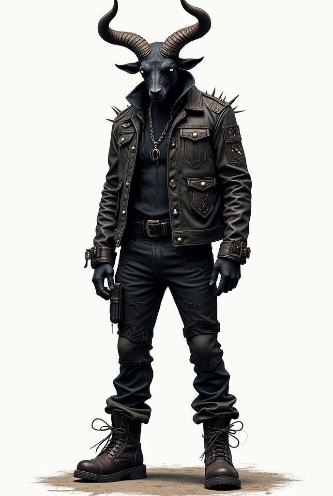 acts as a professional illustrator and creates the image of a standing man with a black goat head, dressed in a leather jacket that has many metal studs, black denim pants and biker boots