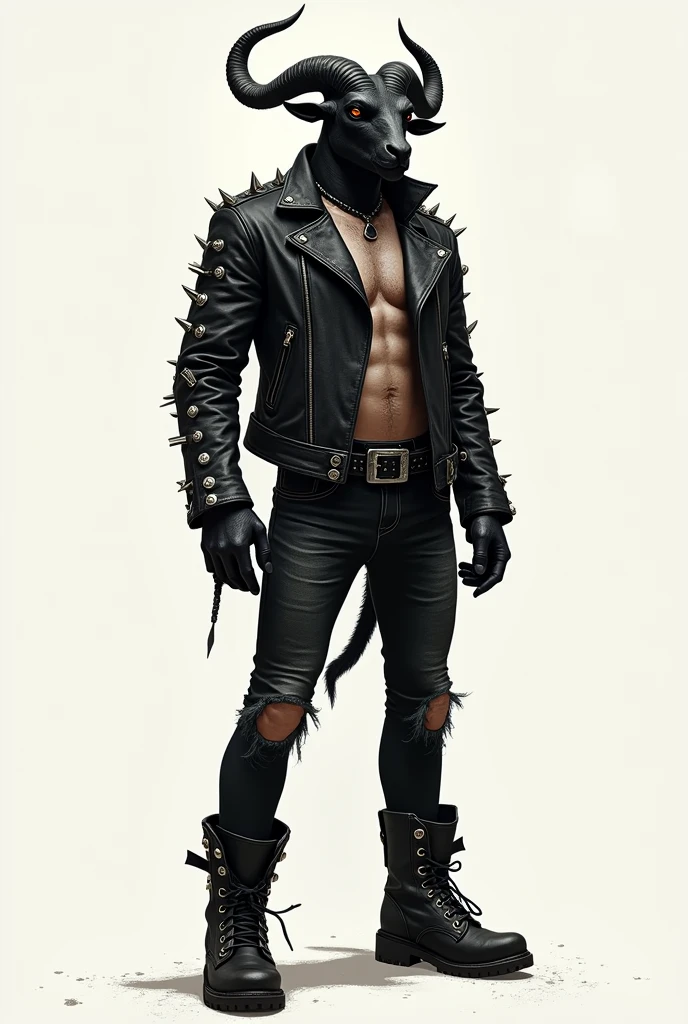 acts as a professional illustrator and creates the image of a standing man with a black goat head, dressed in a leather jacket that has many metal studs, black denim pants and biker boots