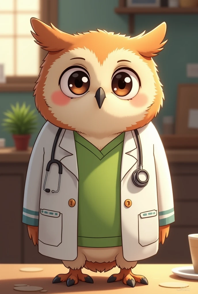 Medical owl with lime green shirt and white coat Could you make it more anime like please?