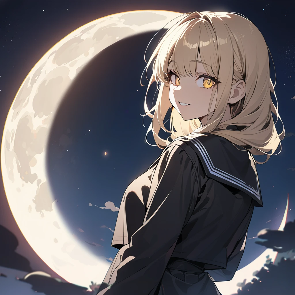 1 person, masterpiece, Highest quality, Beautiful woman, smile, Big eyes, Golden Eyes, Blonde, Hime cut, Black Sailor Suit, moon, anime, whole body,