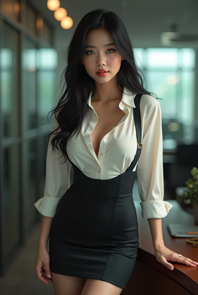 Beautiful Asian  American girl,  American heritage , full body view , with big breasts , green  eyes and black hair standing near her office desk ,  in a short tight business dress, and a tight business shirt ,  and, photo from front , showing her body , ultra High resolution, (fotorrealista: 1.4), High resolution , (finely detailed skin), (brown  eyes), (perfect proportions) (Realistic photos) (masterpiece) (fotorrealista), ultrarealistic (Best Quality) (detailed) photographed with a Canon EOS R5, 50mm lens, f/2.8, (8k) (Wallpaper) (cinematic lighting) (dramatic lighting) (complex) fashion