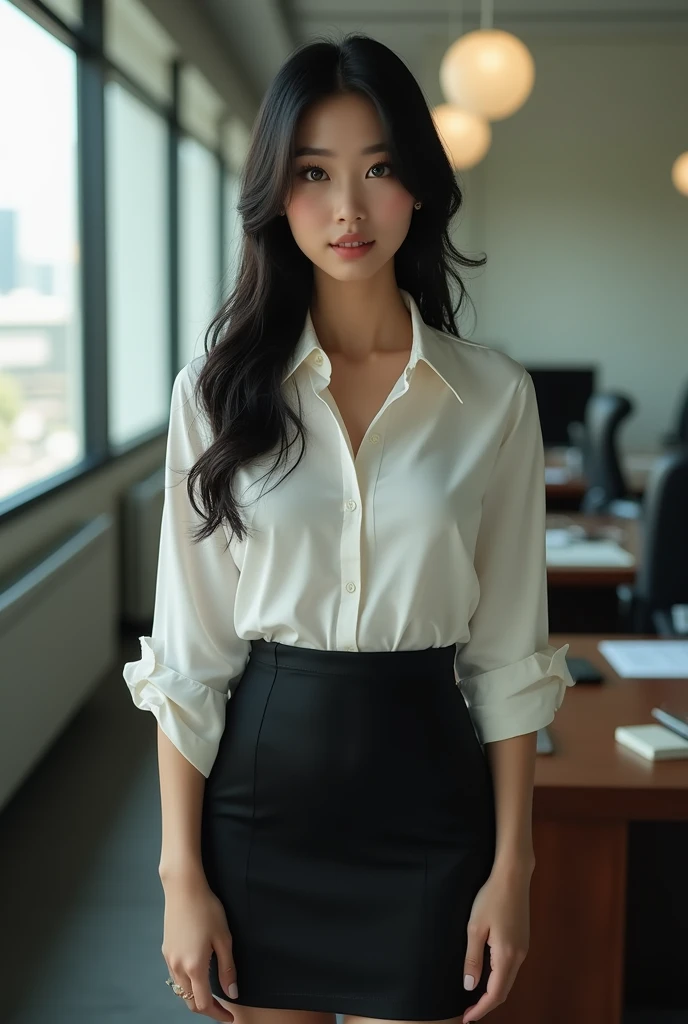 Beautiful Asian American girl, American heritage , full body view , with big breasts , green eyes and black hair standing near her office desk , in a short tight business dress, and a tight business shirt , and, photo from front , showing her body , ultra High resolution, (fotorrealista: 1.4), High resolution , (finely detailed skin), (brown eyes), (perfect proportions) (Realistic photos) (masterpiece) (fotorrealista), ultrarealistic (Best Quality) (detailed) photographed with a Canon EOS R5, 50mm lens, f/2.8, (8k) (Wallpaper) (cinematic lighting) (dramatic lighting) (complex) fashion