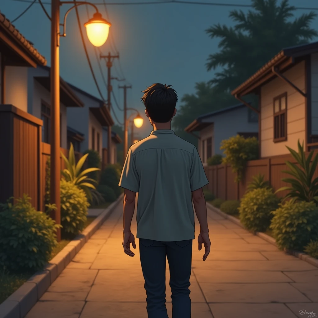 kind man 5, Asian, black hair, no beard, a little drunk, walking home, house very simple, view of the man from behind