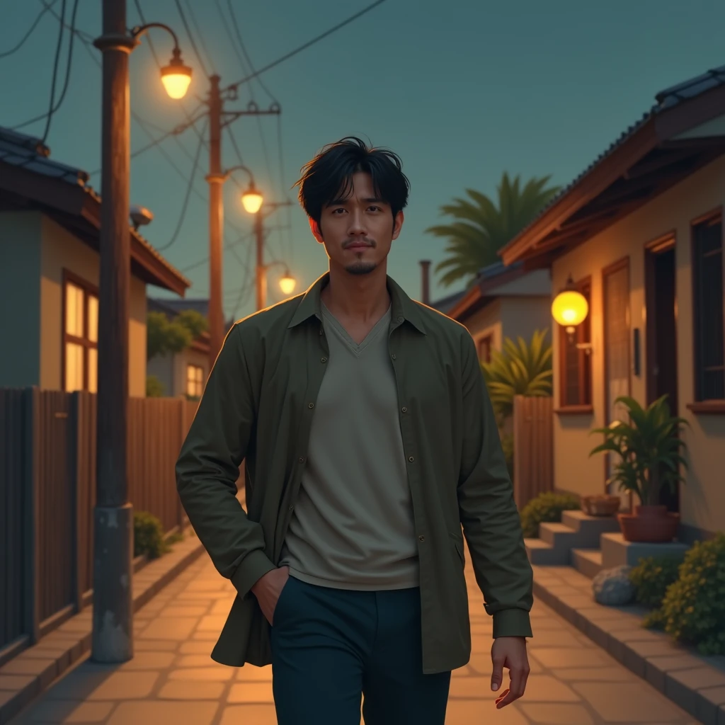 kind man 5, Asian, black hair, no beard, a little drunk, walking home, house very simple, view of the man from behind