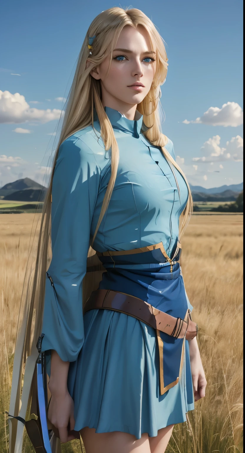 a beautiful woman standing in a field with blue sky and grass, long blonde hair, pale skin, blue eyes, model-like physique, tall, (best quality, 8k, highres, masterpiece:1.3), official art, beautiful and aesthetic, looking at viewer