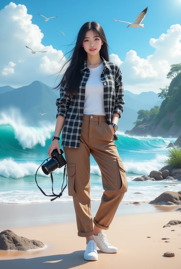 Beautiful Korean girl with smooth white skin, well-groomed face, long straight black hair, thin smile, black and white checkered shirt, white t-shirt with the stupid people don't look at me logo) brown cargo pants, cool watch, white shoes. Posing standing on the beach, carrying a camera, under a bright blue sky, huge sea waves in the background, there are fishermen, seagulls flying. clear blue sky, very beautiful, mountains and waterfalls, and beautiful flowers, original and realistic photos
