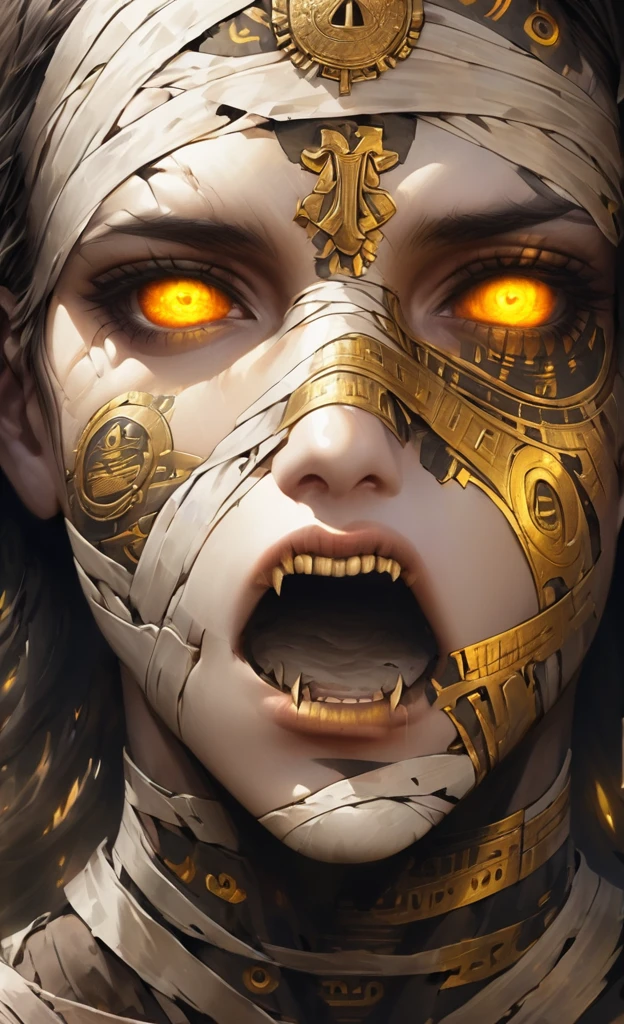 "(best quality,highres),close-up of a mummy's face,covered in bandages with golden hieroglyphics,(detailed:1.1),(vivid and intense colors:1.1),(realistic:1.1) graphic art style,terrifying,eye sockets with glowing golden eyes,detailed wrinkles, dark circles under the eyes"