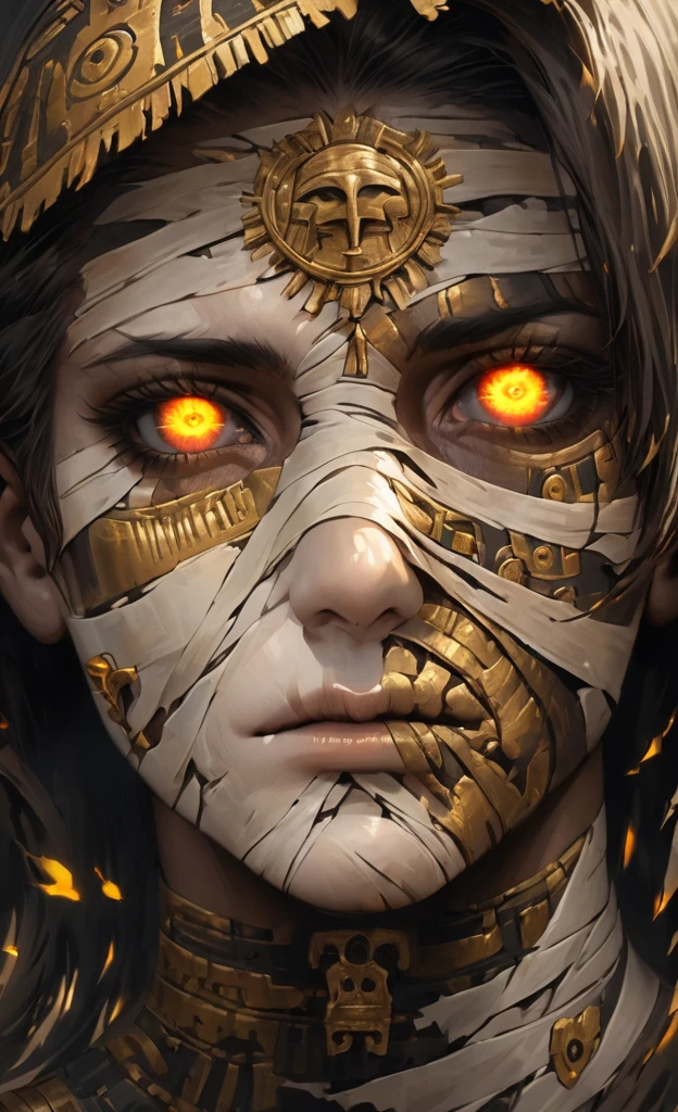 "(best quality,highres),close-up of a mummy's face,covered in bandages with golden hieroglyphics,(detailed:1.1),(vivid and intense colors:1.1),(realistic:1.1) graphic art style,terrifying,eye sockets with glowing golden eyes,detailed wrinkles, dark circles under the eyes"