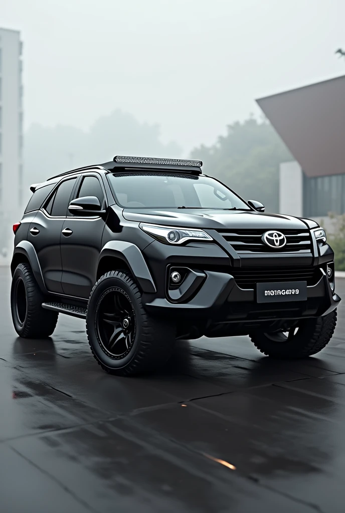 A Indian Fortuner car in black Color with muscular look huge tyres and spoiler and front bumper 