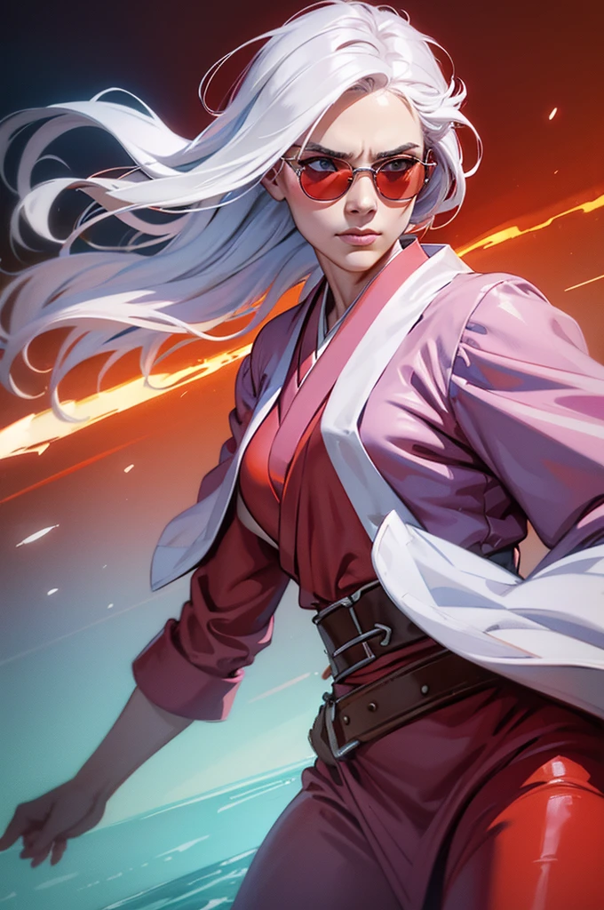 a woman with red wings, white hair on the shoulder, eye white, cleriga, wearing a light pink kimono , blue sunglasses, de corpo inteiro, in a style that combines dungeons and dragons art, oil painting, complex lighting, water colour, fancy, defined lines, saturated flat cores, film composition, perspective, Sketch Style, ultra-realistic, HD, with warm colors.