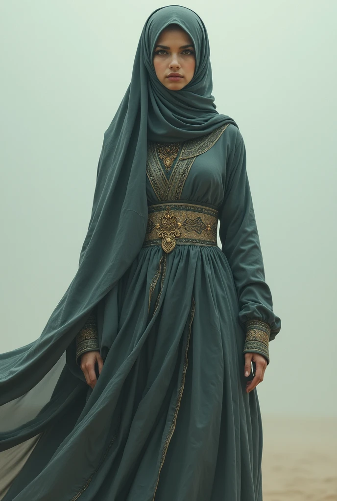 Giant girl,with hijab ,looking at the viewer