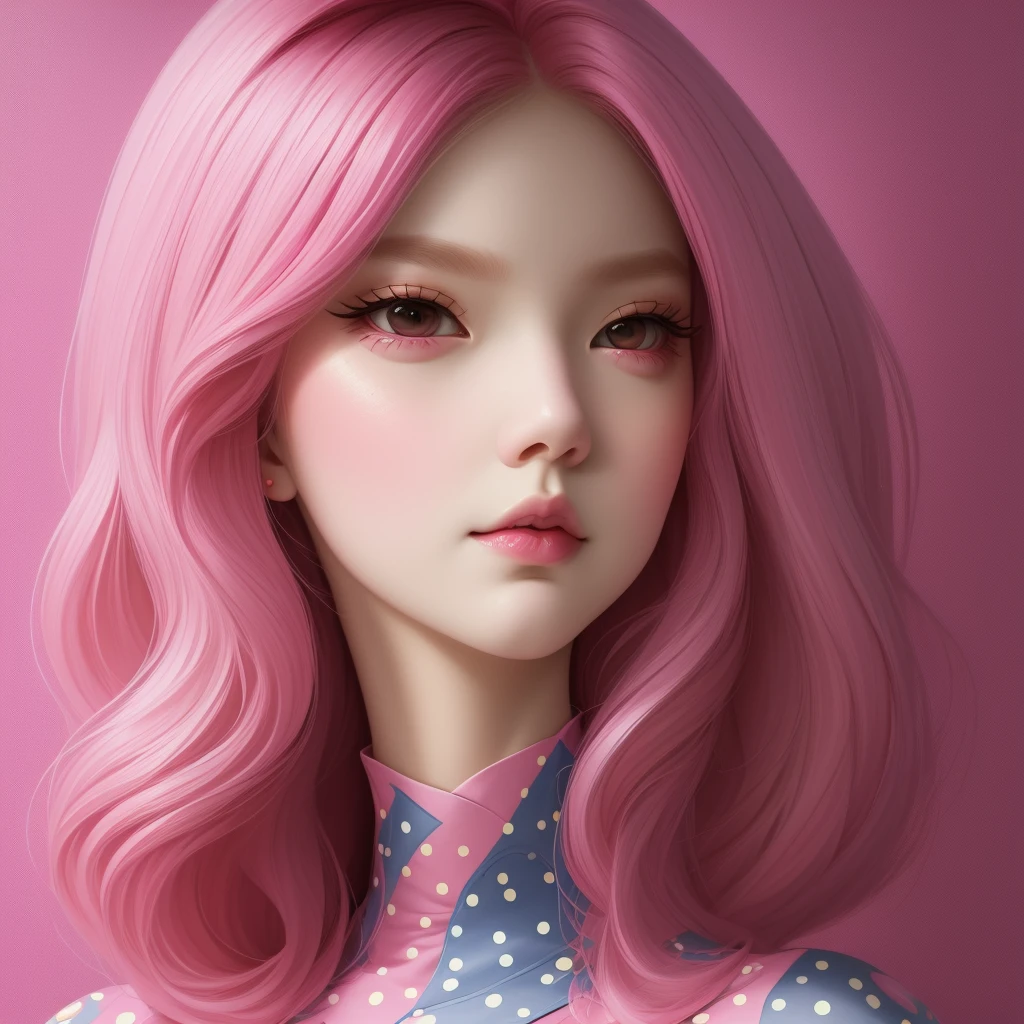 a painting of a woman with pink hair and polka dot dress, beeple and jeremiah ketner, alex gross, jen bartel, inspired by Yanjun Cheng, casey weldon, glossy digital painting, pop surrealism art style, vibrant cartoon art, pink girl, inspired by Russell Dongjun Lu, stunning digital illustration, gorgeous digital art