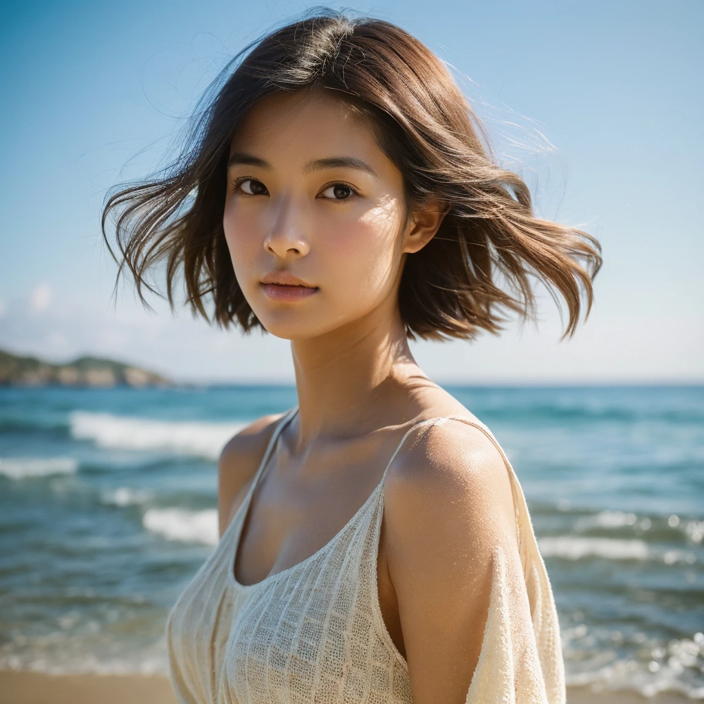 A hyper-realistic image of a single Japanese woman in her early 20s, captured with the nostalgic warmth and subtle graininess of a film camera, showing her from the shoulders up as she stands on a sunlit beach. Her skin has a warm beige tone with a natural, slightly rough texture that includes visible pores, fine lines, and subtle imperfections such as small blemishes and slight unevenness, enhancing the authenticity of her appearance. The texture is intentionally made less smooth, with the natural graininess of the film adding to the overall realism. The soft, diffused natural light gently illuminates her face and shoulders, creating a timeless, organic feel with subtle shadows that enhance the film-like quality. Her straight, glossy black hair flows naturally in the ocean breeze, framing her face, and her deep brown eyes reflect the soft sunlight and the shimmering sea. The film camera effect introduces a slight grain and a softer focus, giving the image a warm, nostalgic atmosphere while maintaining the deliberately rougher texture of her skin. The composition, focused on her upper body, captures the serene elegance of the beach setting, highlighting her natural beauty and the gentle interaction of light and shadow on her skin. The combination of realistic, slightly rough skin texture, soft natural light, and the film-like qualities ensures that this image presents a lifelike, captivating portrayal of the woman, centered on her face and shoulders.
