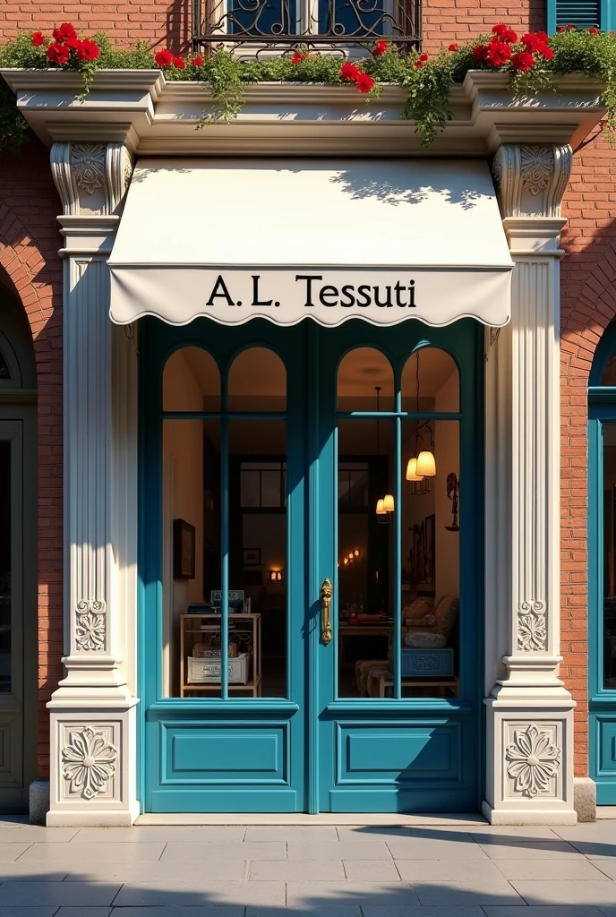Facade of a tailor shop whose name is A.L Tessuti with French doors are the really darkest blue ever. The white awning has red spider lilies drawn on it. The side pillars have deep arabesques drawn on the white marble and brown bricks that make up the store. Next shop is a simple and even poorly kept hat shop with a plain brown door.