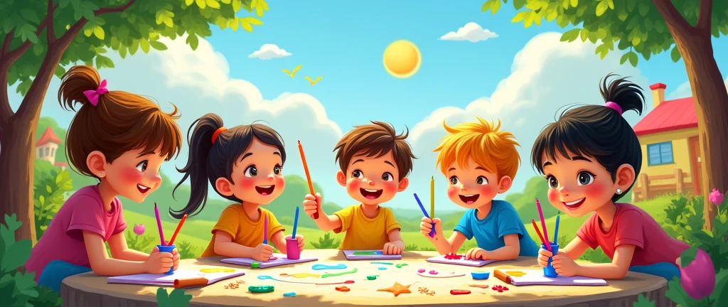 have sun, kindergarten,playground,colorful color pencil. have space to write title