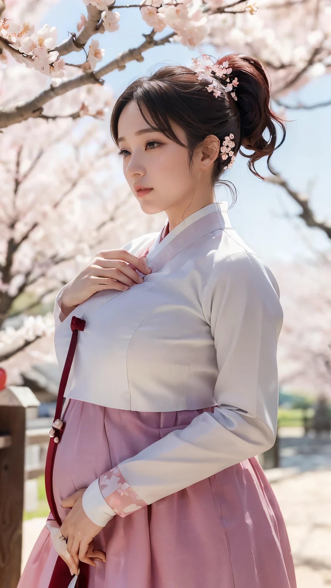 (best quality, 8K, masterpiece: 1.3), ((((((Incredibly huge breasts: 0.8))))), single ponytail, (beautiful face:1.3), Cherry blossoms are in full bloom, full of cherry blossoms, floating cherry blossom petals, very cool, authentic hanbok,pregnancy,