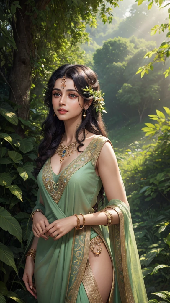 a beautiful vedita, 1girl, detailed eyes, detailed nose, detailed lips, long eyelashes, delicate facial features, intricate jewelry, flowing dress, natural landscape, rolling hills, lush green foliage, sunlight filtering through trees, warm color palette, cinematic lighting, digital art, photorealistic, highly detailed, 8k, masterpiece
