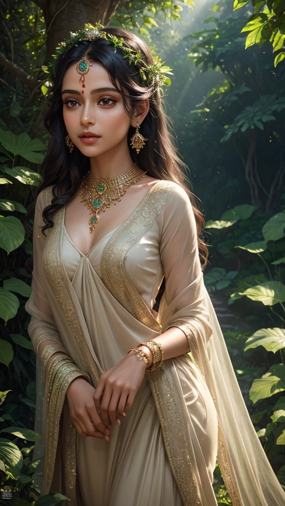 a beautiful vedita, 1girl, detailed eyes, detailed nose, detailed lips, long eyelashes, delicate facial features, intricate jewelry, flowing dress, natural landscape, rolling hills, lush green foliage, sunlight filtering through trees, warm color palette, cinematic lighting, digital art, photorealistic, highly detailed, 8k, masterpiece