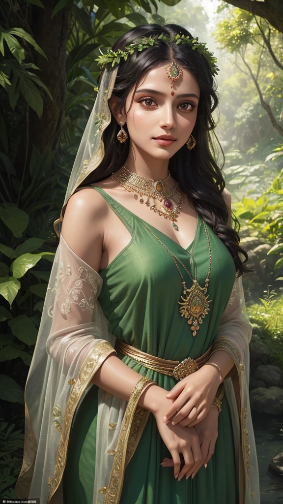 a beautiful vedita, 1girl, detailed eyes, detailed nose, detailed lips, long eyelashes, delicate facial features, intricate jewelry, flowing dress, natural landscape, rolling hills, lush green foliage, sunlight filtering through trees, warm color palette, cinematic lighting, digital art, photorealistic, highly detailed, 8k, masterpiece