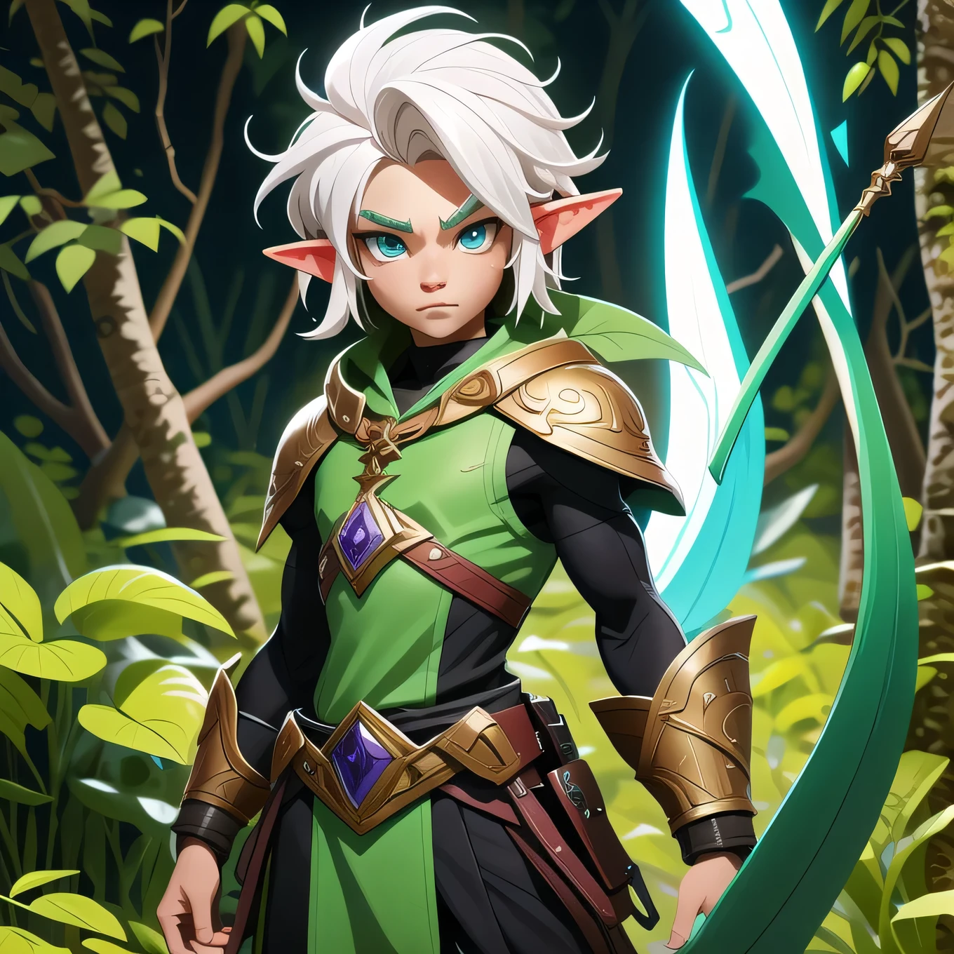 An elf man, bonitas, White hair, bright green eyes, Athletic, elf style clothes, green details, blue-green, maroon, with a technologically advanced snipe weapon, atirando uma tiro com aura de vento blue-green, aiming at a black wyvern with purple eyes in the sky, in the middle of a forest with shadows, ultra detaild, 8k