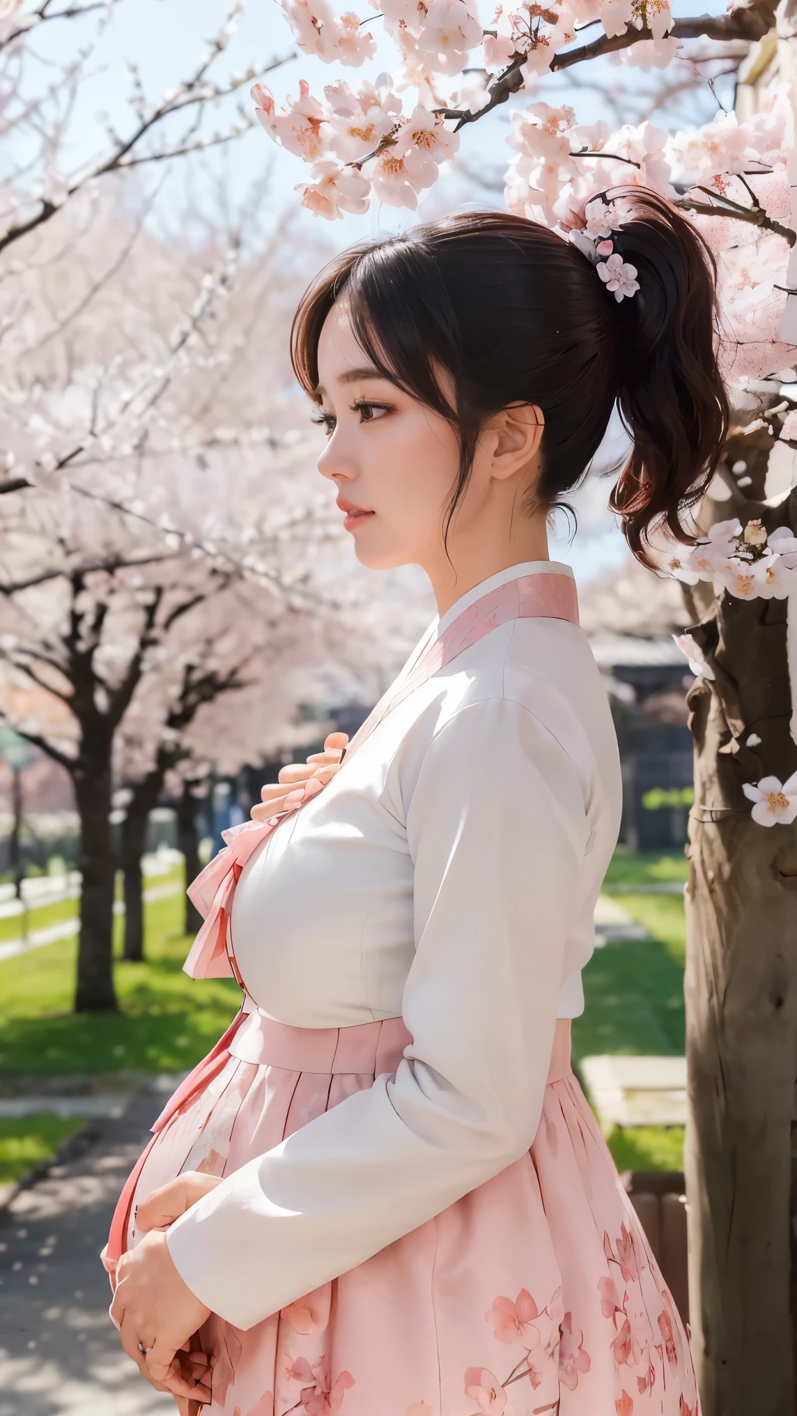 (best quality, 8K, masterpiece: 1.3), ((((((Incredibly huge breasts: 0.8))))), single ponytail, (beautiful face:1.3), Cherry blossoms are in full bloom, full of cherry blossoms, floating cherry blossom petals, very cool, authentic hanbok,pregnancy,