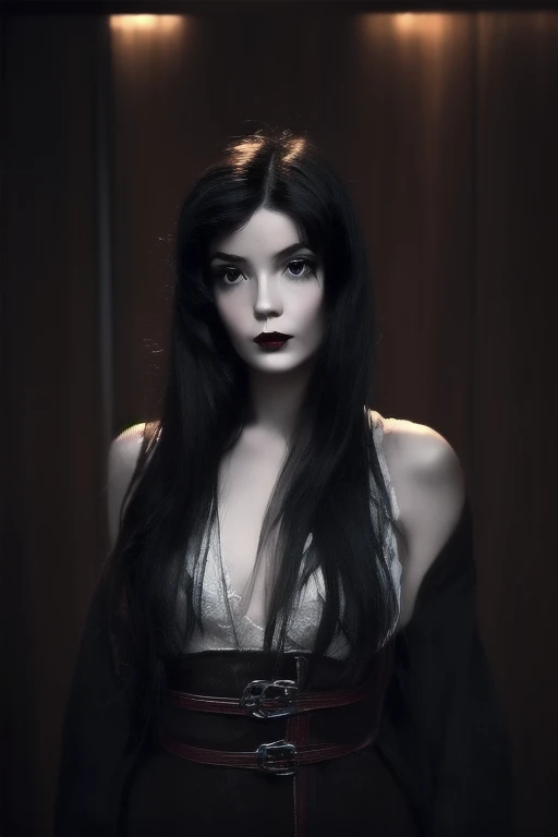 Photo noire et blanc, film noir style, Maginifique, young woman, (waist length long hair), demi-corps, Dramatic lighting, (sepia), high contrast, ombres dramatiques, 20s style, Mysterious, cinematic, Bright red lips (((Only lips red))), (looking at viewer),