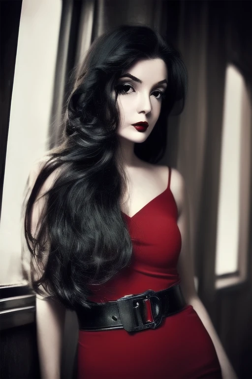 Photo noire et blanc, film noir style, Maginifique, young woman, (waist length long hair), demi-corps, Dramatic lighting, (sepia), high contrast, ombres dramatiques, 20s style, Mysterious, cinematic, Bright red lips (((Only lips red))), (looking at viewer),
