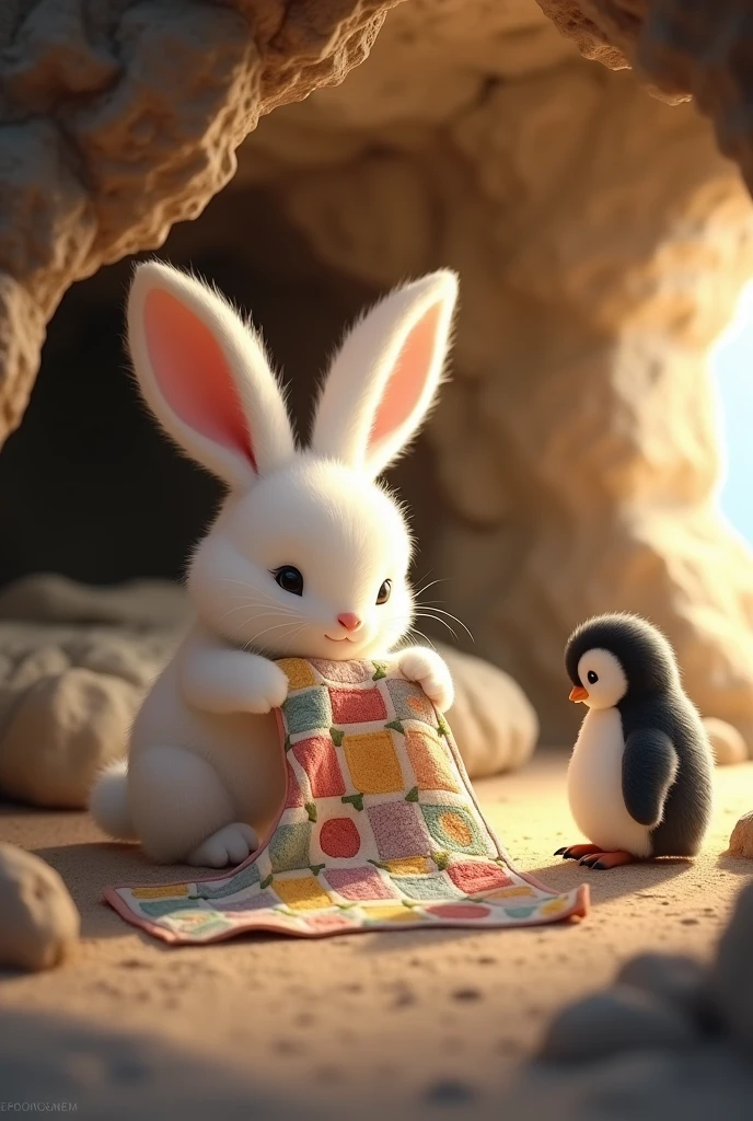 White rabbit give quilt to little penguin in his cave on the bed