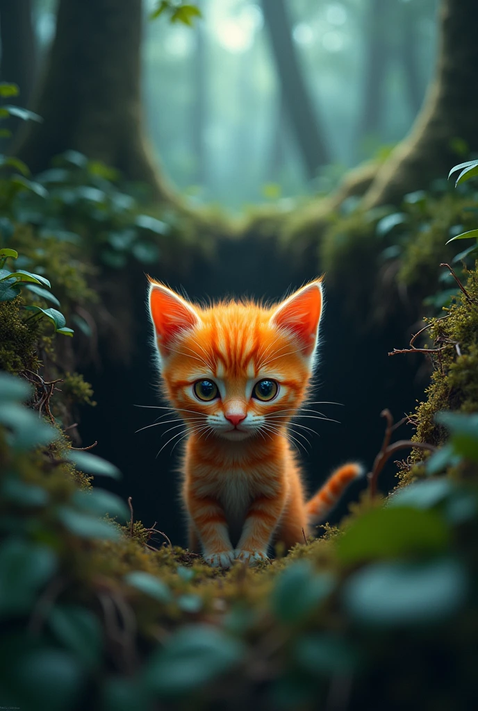 A small, curious orange kitten with fur matching a fiery sunset, has fallen in a pit in forest, The forest in the background is dense, with tall, shadowy trees and thick underbrush. The pit is surrounded by thorny bushes. The scene is filled with a sense of urgency and tenderness."