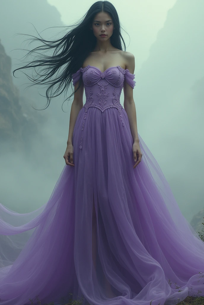 Giant girl,retro long purple dress,black hair ,looking at the viewer 