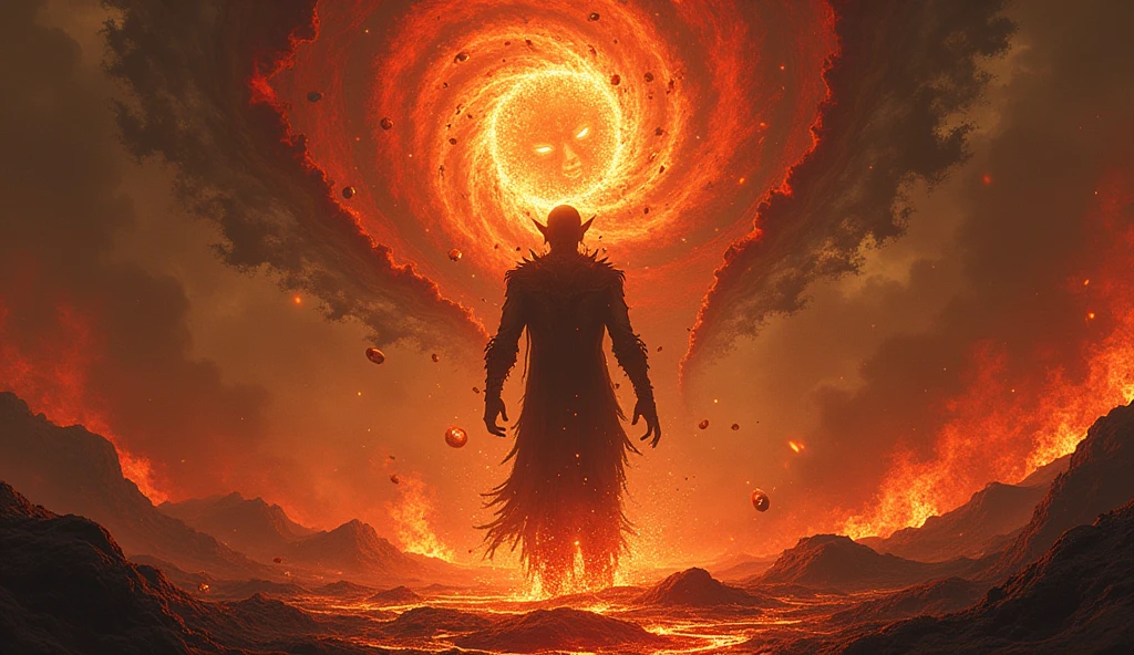 A hellish landscape where souls fall from the sky in spirals of fire into rivers of lava, while humanoid figures try to escape without success. In the middle, Gerardo appears to be falling apart, with parts of his body disintegrating in the scorching heat, surrounded by the echoes of screams and suffering. Lucifer looms behind, watching with malevolent interest.