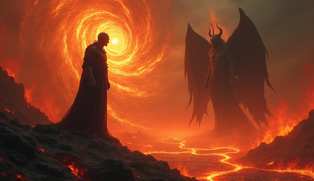 A hellish landscape where souls fall from the sky in spirals of fire into rivers of lava, while humanoid figures try to escape without success. In the middle, Gerardo appears to be falling apart, with parts of his body disintegrating in the scorching heat, surrounded by the echoes of screams and suffering. Lucifer looms behind, watching with malevolent interest.