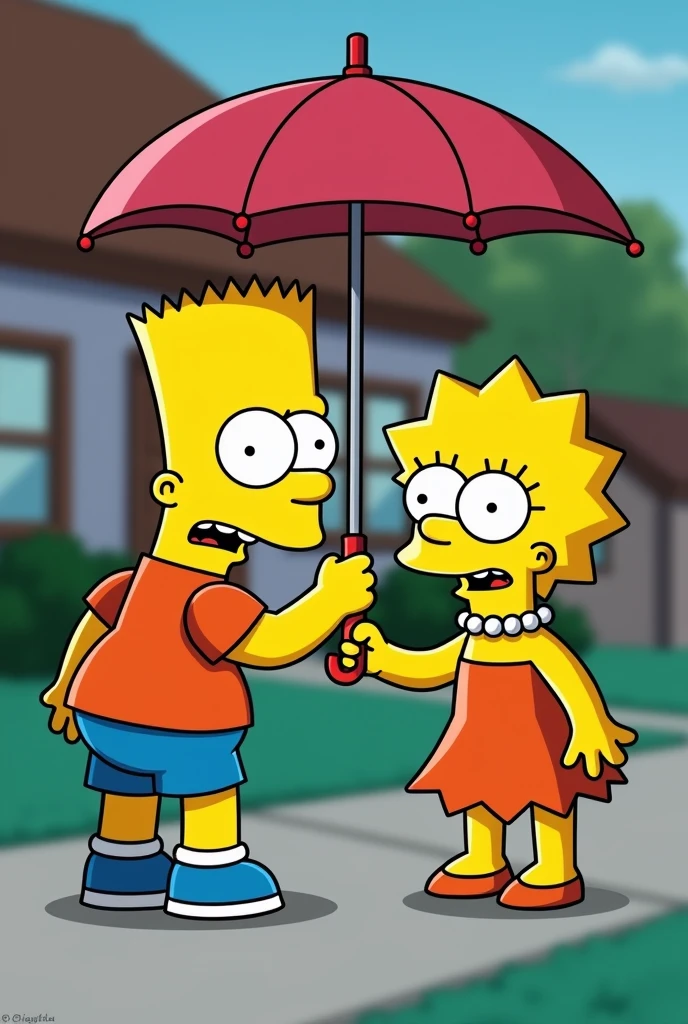 Brothers Bart and Lisa Simpson. Bart hands Lisa an open umbrella with only one hand. Bart&#39;s back is to Lisa. Bart is angry. 