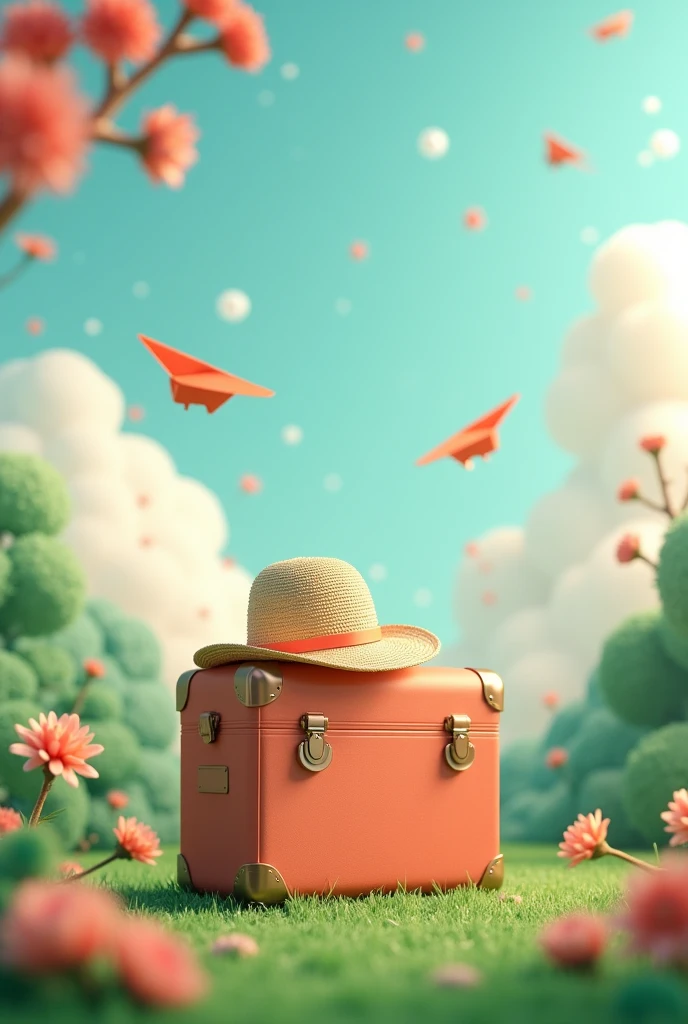 have a suitcase,There is a straw hat on it, cloud, atmosphere, foliage, Chrysanthemums floating in the air, Paper airplanes, (miniature: 1.2), 2.5d illustration, 3D Rendering, 3D Modeling, foam matte, Behans 3D Art Trends, Behans 3D Art Trends, 3D illustration, 3D illustration, 3D illustration, business illustration, Cinema 4D color rendering, 3D Rendering stylization, stylized digital illustration, 3D stylized scene, stylized 3D Rendering