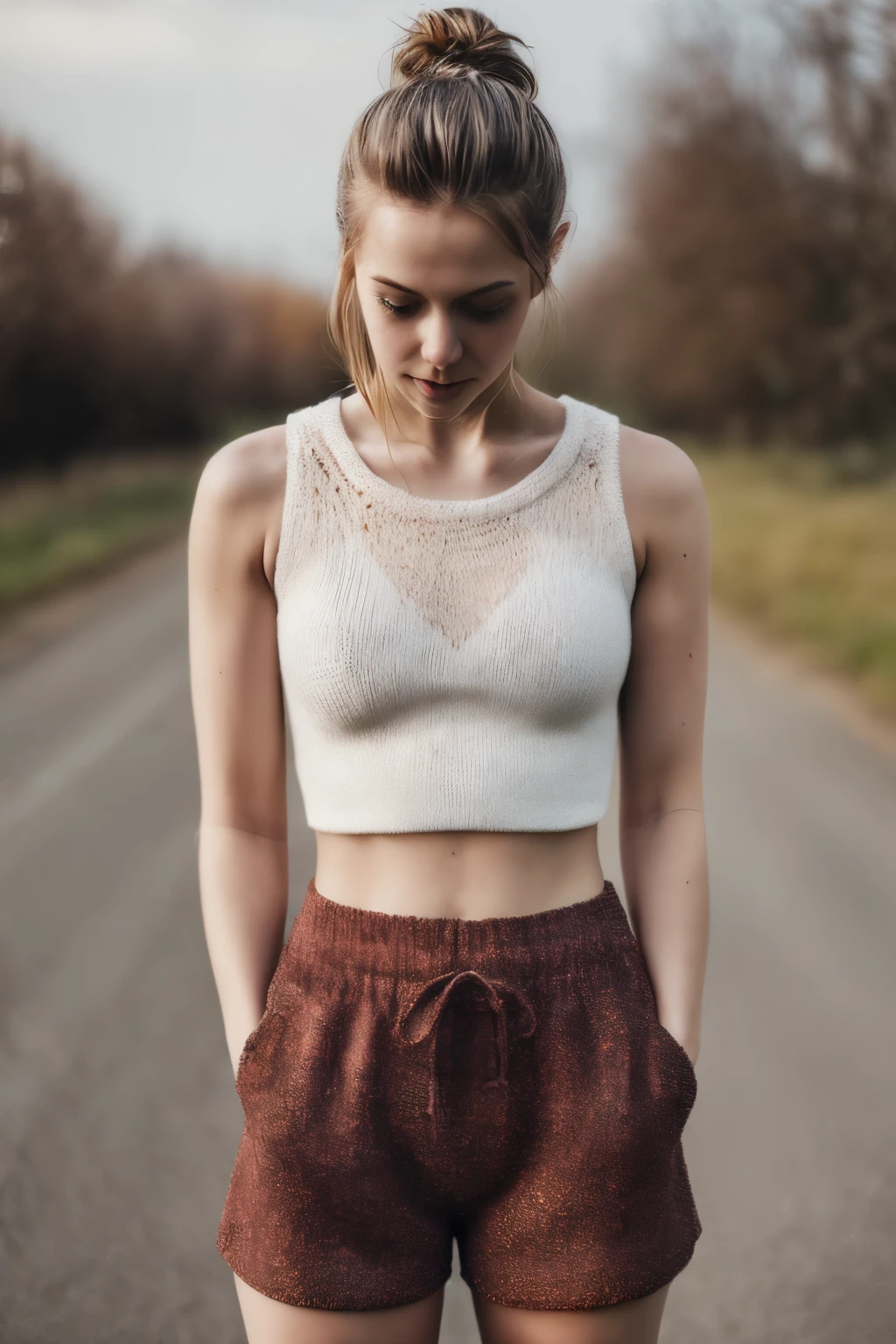((best qualityer)), ((work of art)), (detailded), 1 girl, ombro to ombro sweater, russet hair, Sport Shorts, Croptop/underboob, Overview, 8k, rosto detailded, standing