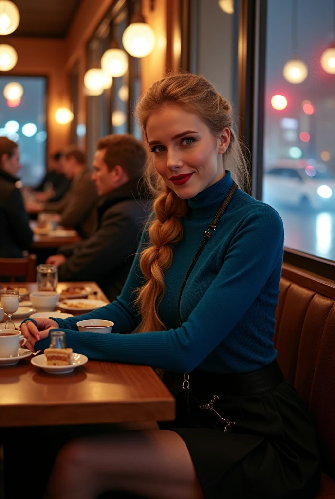 professionally color graded photograph. full body view. A young, athletic Russian woman. slavic facial features. long strawberry blonde hair braided up to one side. classy makeup. black eyeliner. rouge blush. glamorous eyelashes. glossy wine red lips. Wearing electric blue turtleneck sweater. Black pleated skirt. Winter thigh high stockings. Black leather high heeled boots. Black leather fitted riding jacket with collar. Long tartan wool scarf around neck. Small leather purse worn across shoulder. sitting at a table at a crowded cafe in Moscow. Having tea, with coffee and plates of cakes on tanle. Other patrons. romantic lighting. Fog and rainy night seen from side window. traffic. Resting hands on table. Staring intently at viewer, smiling. Enamored with viewer. dimples. POV from front.