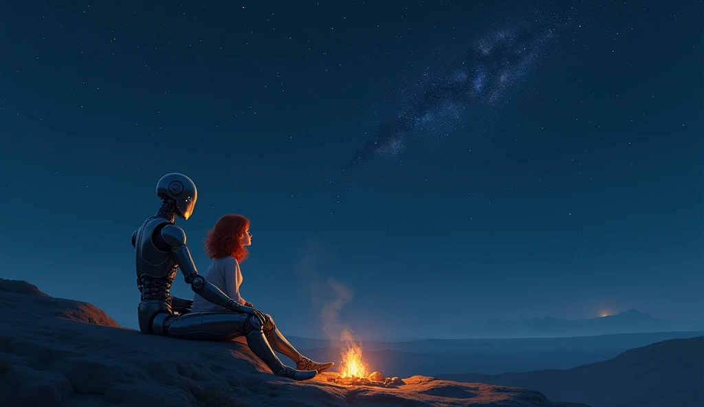 Two, an android and a redhead, sitting on a rock watching the blue night sky, lit only by the small fire in front of them