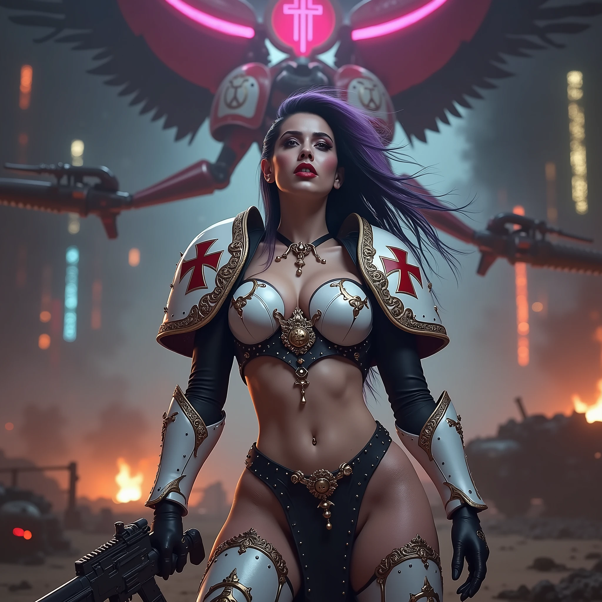 Full body pose sexy sisters of battle from the warhammer 40k, shooting at the enemy, white armor with intricate details, red armor with intricate details, religous symbols on the armor, sisters of battle, warhammer 40k, Massive silicone breast, pale skin, seductive, temptation, eat your soul, clevage, long flowing black hair with purple highlights, heavy gothic makeup, at night, neon, beautiful detailed eyes, beautiful detailed lips, extremely detailed eyes and face, long eyelashes, highly detailed armor, intricate futuristic weaponry, dramatic lighting, cinematic composition, muted color palette, gritty and realistic, mecha, science fiction, hyper-detailed, photorealistic, award winning digital art, 8k, HDR, masters work, in the middle of a battle field, full body combat action pose, explosions and fire around, full war, stunning, Stilleto heels, high heels, full body pose, cinematic, movie trailer, final stand!, nemesis, ready to strike, dust and debree, combat screams, attacking, shooting at the enemy, running forward, last line of defense, charging, fanatic, religious, templar knights, sisters of battle, warhammer 40k