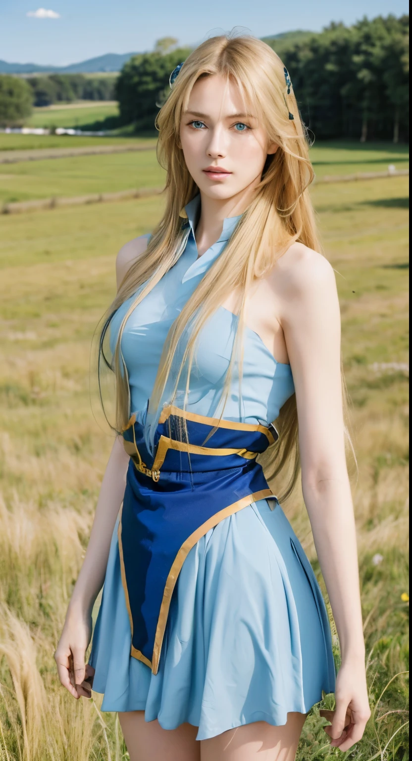 a beautiful woman standing in a field with blue sky and grass, long blonde hair, pale skin, blue eyes, model-like physique, tall, (best quality, 8k, highres, masterpiece:1.3), official art, beautiful and aesthetic, looking at viewer