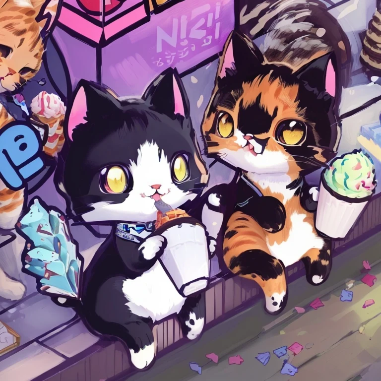 cartoon cats are eating ice cream in a store window, official fanart, detailed fanart, illustration of 2 cats, cats , high quality fanart, anime visual of a cute cat, catscatscats, cats! are around, fursona art, neko, anime cat, two cats, cute cats, nekomimi, nixeu and sakimichan