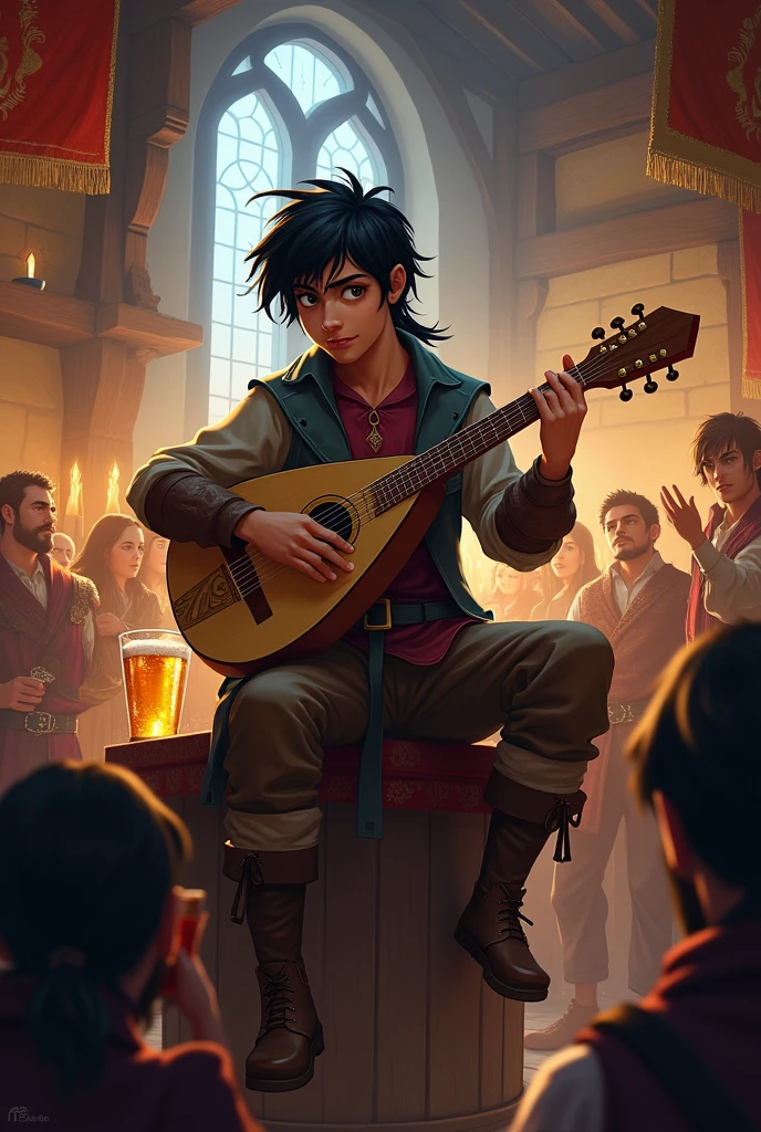 a human bard, black and young,man and adventurer in a tavern playing his lute