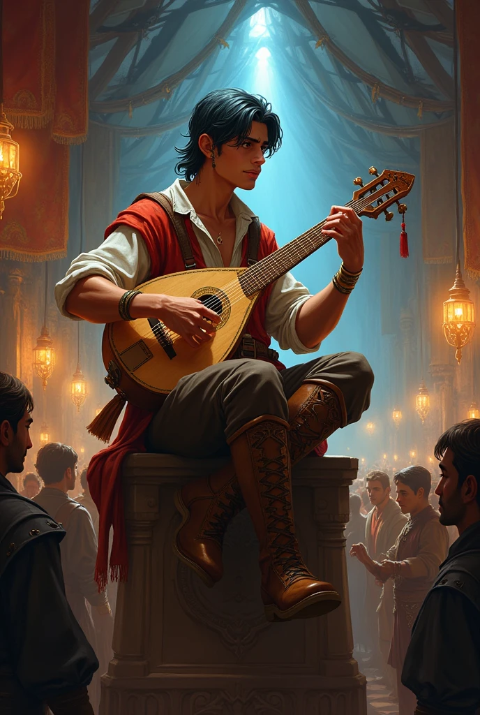 a human bard, black and young,man and adventurer in a tavern playing his lute