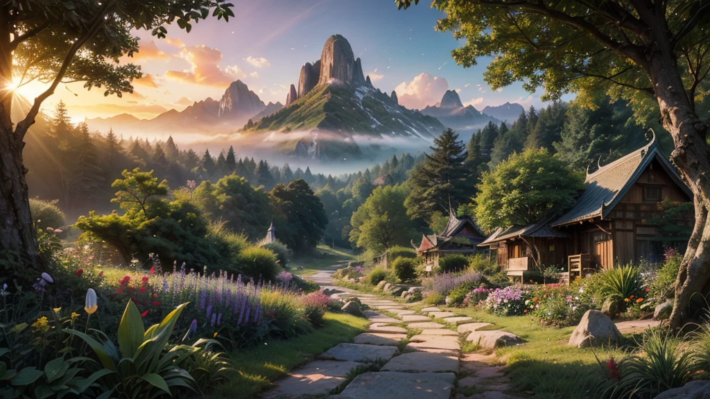 a futuristic modern home in a thai garden, fairytale view with dramatic mountain range, rocks plants flowers shrubs bushes trees moss lawns grass mushrooms fireflies,colourful sunset and strong sunbeams,very hazy,extreme details,photorealistic,4k,HD,beautiful,nature, dreamy, low shot,ground level photo, good luminosity, high ambience