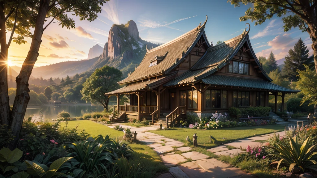a futuristic modern home in a thai garden, fairytale view with dramatic mountain range, rocks plants flowers shrubs bushes trees moss lawns grass mushrooms fireflies,colourful sunset and strong sunbeams,very hazy,extreme details,photorealistic,4k,HD,beautiful,nature, dreamy, low shot,ground level photo, good luminosity, high ambience