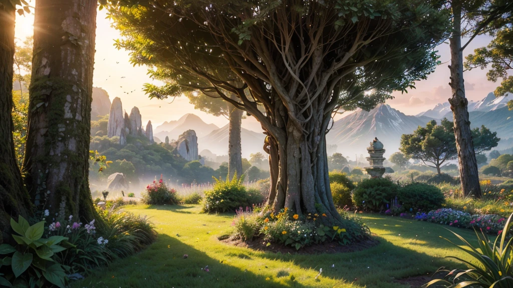 a futuristic modern home in a thai garden, fairytale view with dramatic mountain range, rocks plants flowers shrubs bushes trees moss lawns grass mushrooms fireflies,colourful sunset and strong sunbeams,very hazy,extreme details,photorealistic,4k,HD,beautiful,nature, dreamy, low shot,ground level photo, good luminosity, high ambience